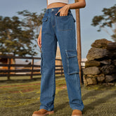 Retro Washed Half Elastic Multi Pocket Denim Cargo Pants Casual Pants